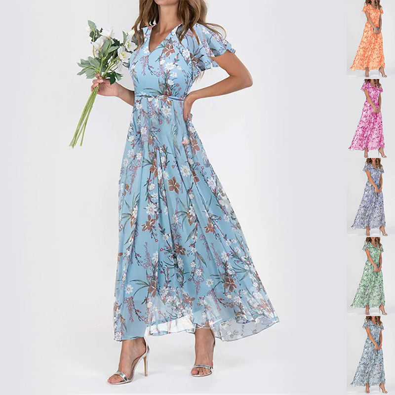 Floral V-Neck Ruffle A-Line Midi Summer Dress