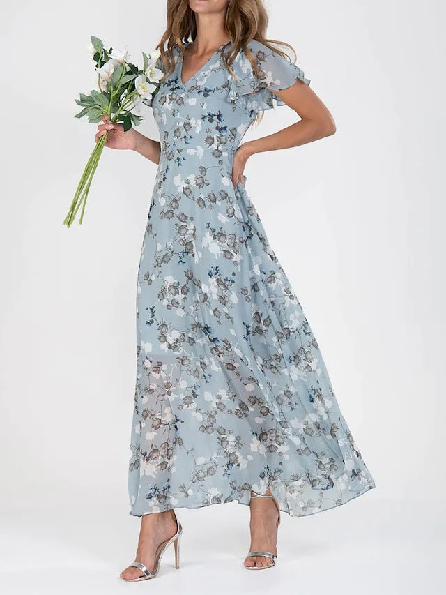 Floral V-Neck Ruffle A-Line Midi Summer Dress