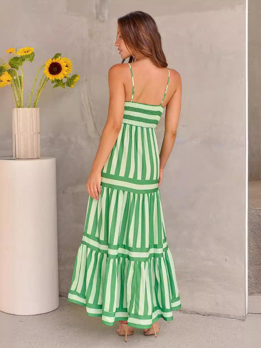 Striped Square Neck Backless Maxi Dress
