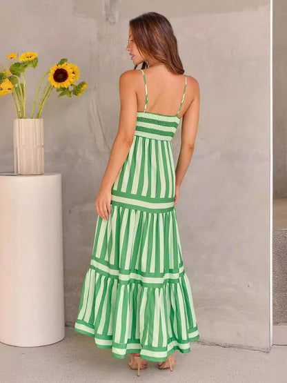 Striped Square Neck Backless Maxi Dress