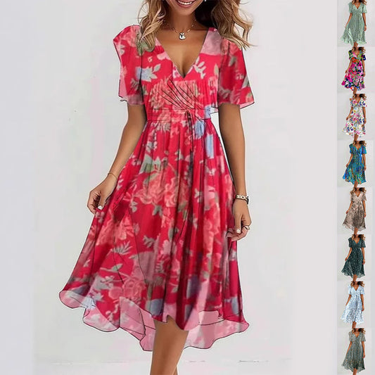 Floral V-Neck A-Line Midi Dress – Lightweight Polyester