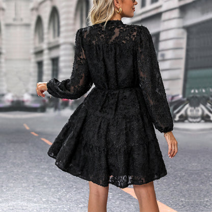 Lace Tie Long Sleeve A-Line Short Dress for Women