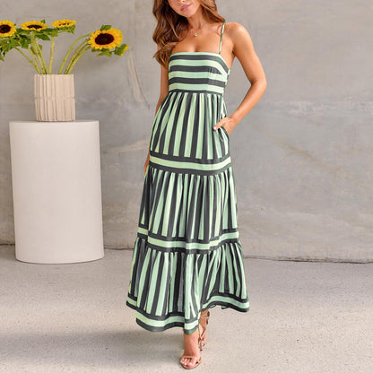 Striped Square Neck Backless Maxi Dress