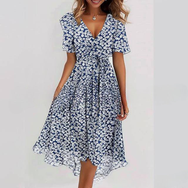 Floral V-Neck A-Line Midi Dress – Lightweight Polyester