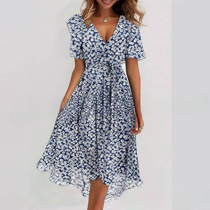Floral V-Neck A-Line Midi Dress – Lightweight Polyester