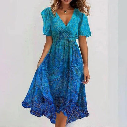 Floral V-Neck A-Line Midi Dress – Lightweight Polyester