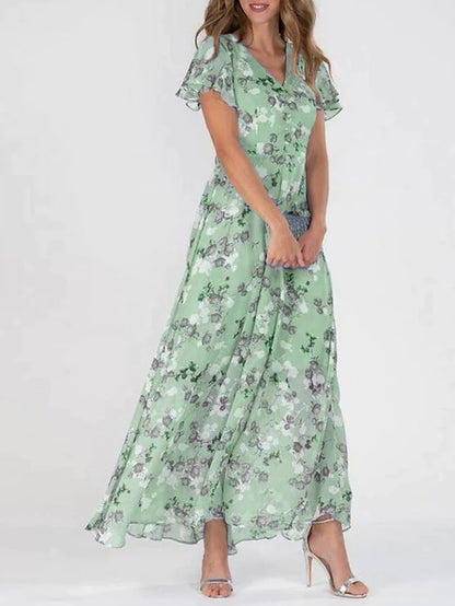 Floral V-Neck Ruffle A-Line Midi Summer Dress