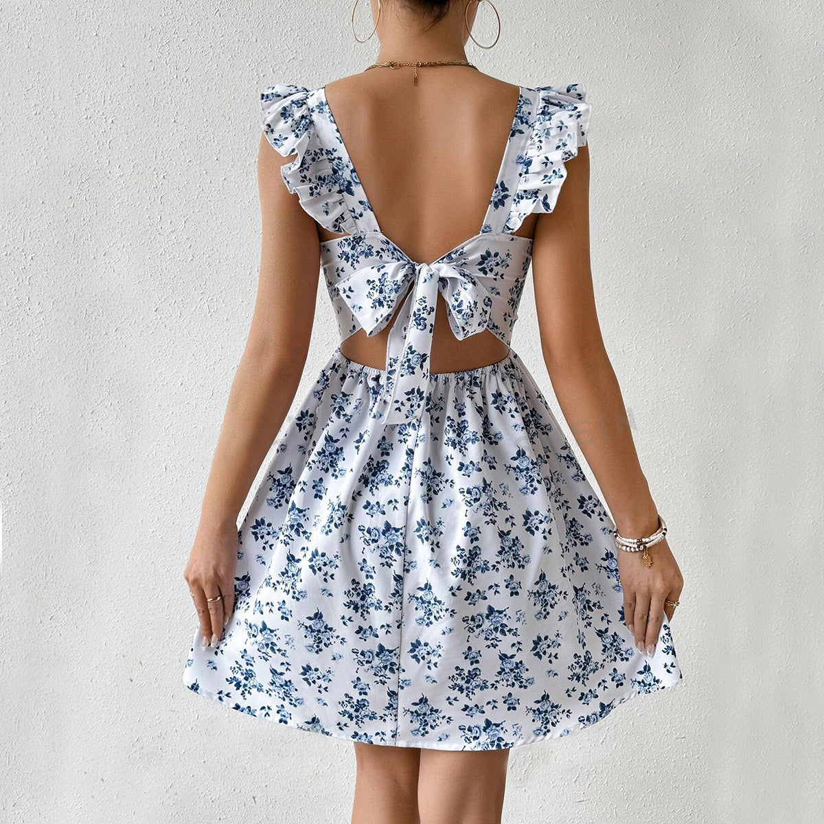 Square Neck Ruffle Backless Summer Dress