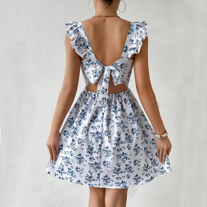 Square Neck Ruffle Backless Summer Dress