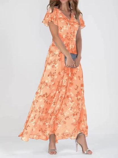 Floral V-Neck Ruffle A-Line Midi Summer Dress