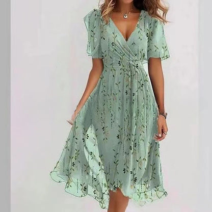 Floral V-Neck A-Line Midi Dress – Lightweight Polyester