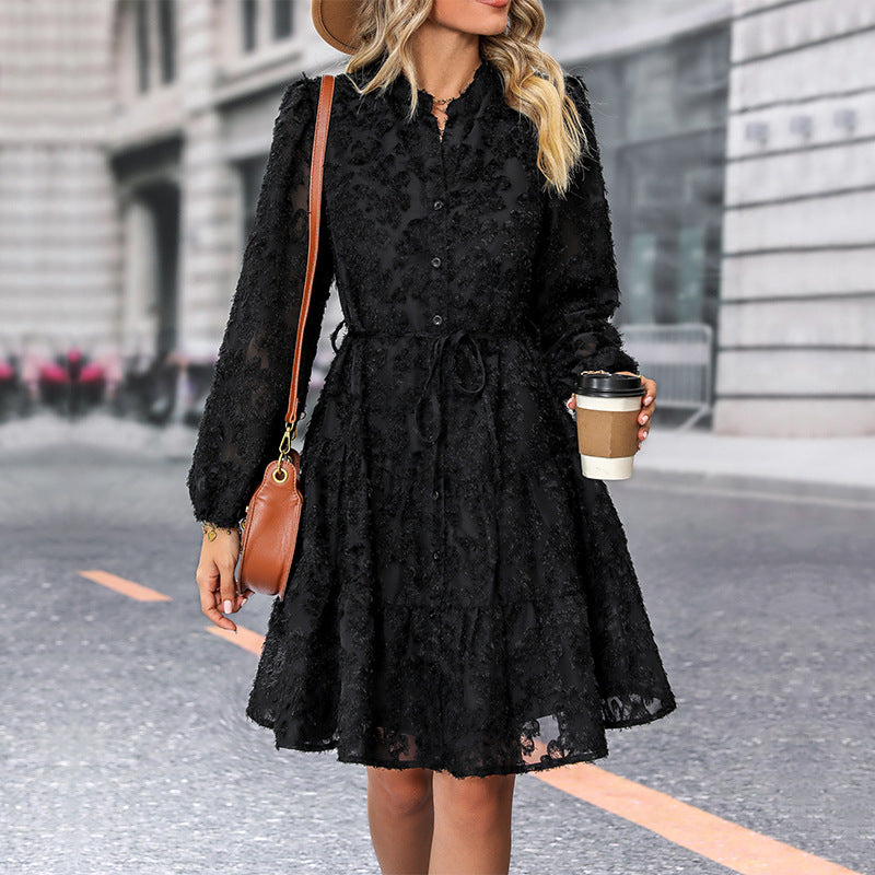 Lace Tie Long Sleeve A-Line Short Dress for Women