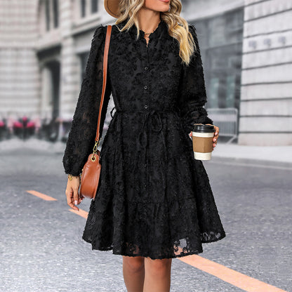 Lace Tie Long Sleeve A-Line Short Dress for Women