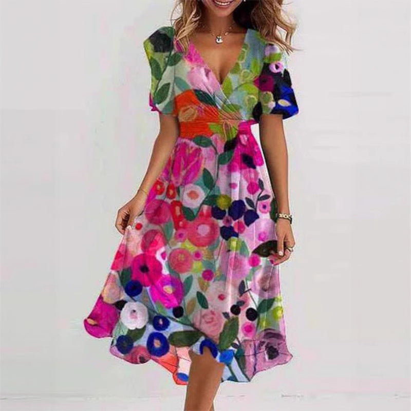 Floral V-Neck A-Line Midi Dress – Lightweight Polyester