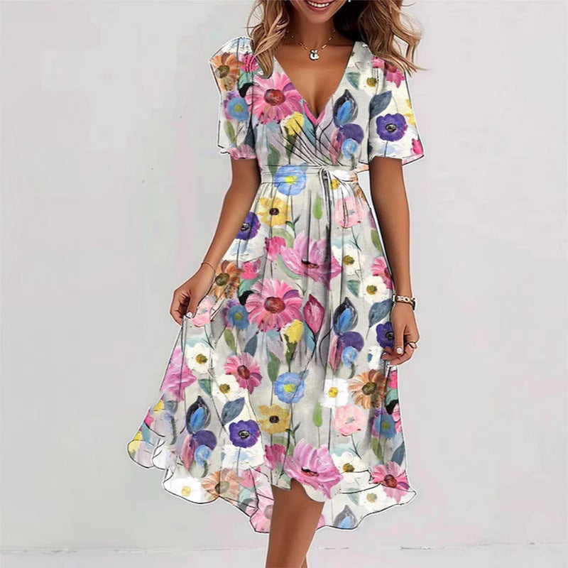 Floral V-Neck A-Line Midi Dress – Lightweight Polyester