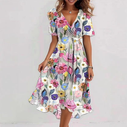 Floral V-Neck A-Line Midi Dress – Lightweight Polyester