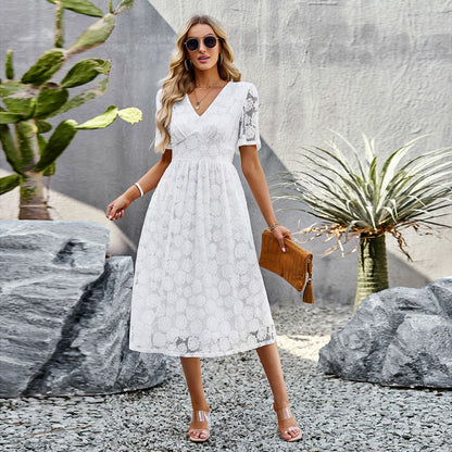 Elegant V-Neck Lace Floral Midi Dress for Women