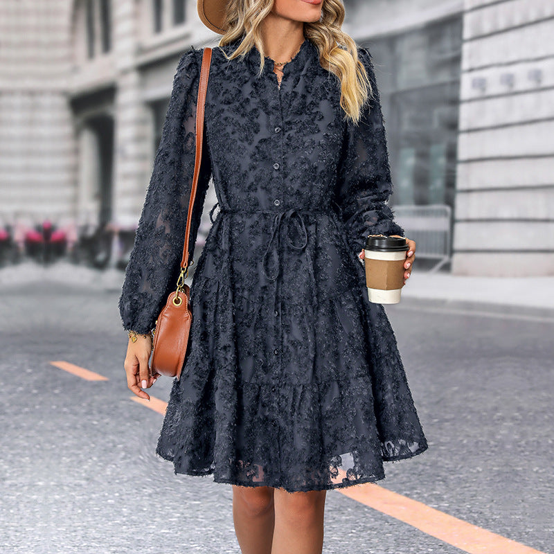 Lace Tie Long Sleeve A-Line Short Dress for Women