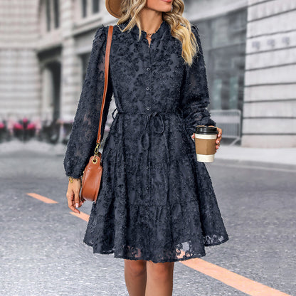 Lace Tie Long Sleeve A-Line Short Dress for Women