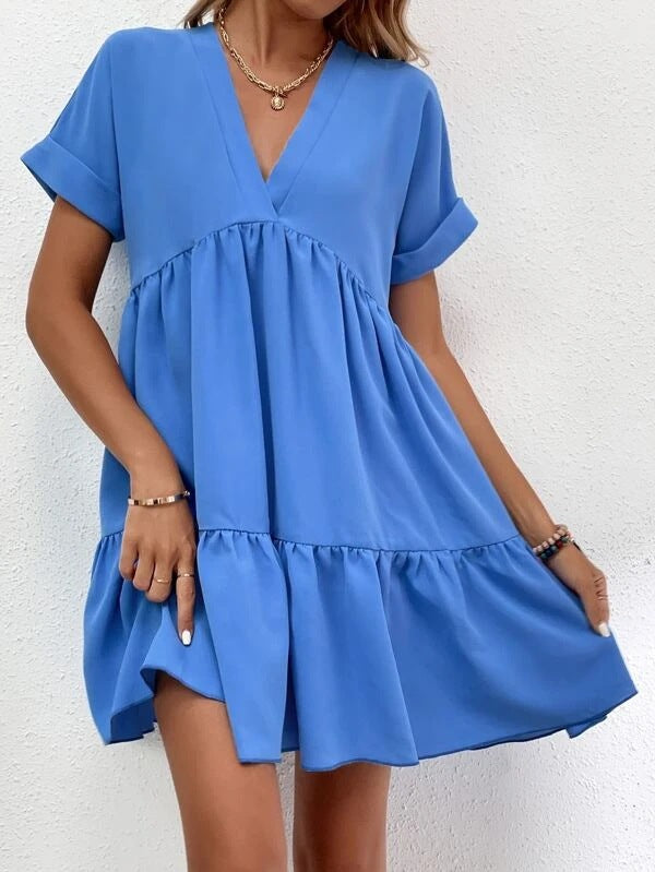 Women's V-Neck Ruffle Babydoll Mini Summer Dress