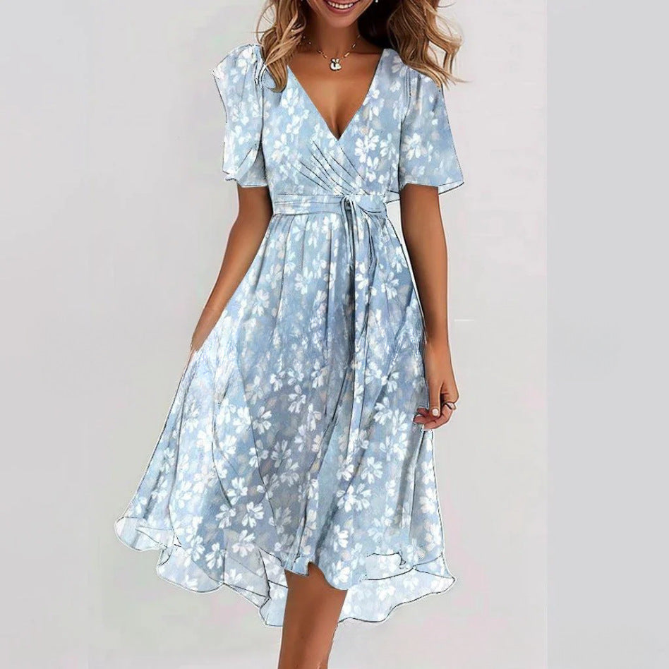 Floral V-Neck A-Line Midi Dress – Lightweight Polyester