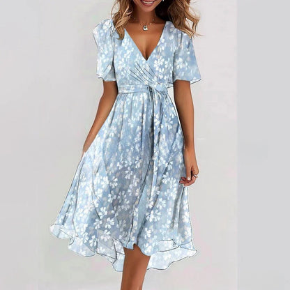 Floral V-Neck A-Line Midi Dress – Lightweight Polyester