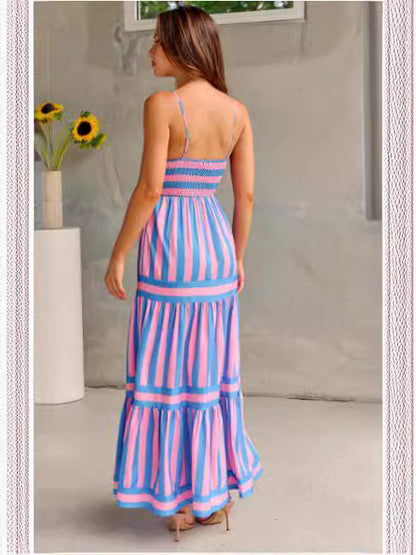 Striped Square Neck Backless Maxi Dress